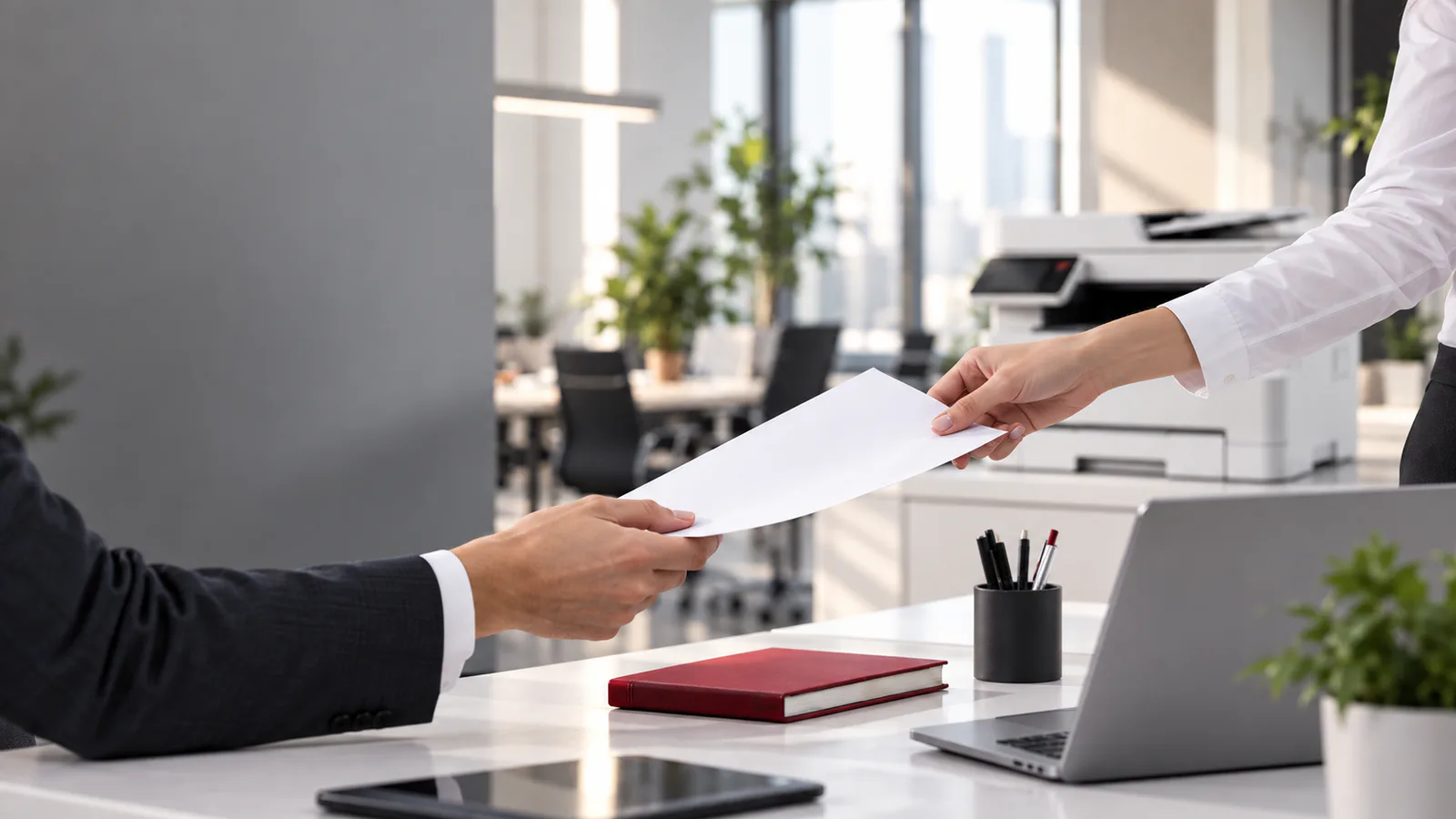 Ofis masasında ekip arkadaşına teslim edilen belge